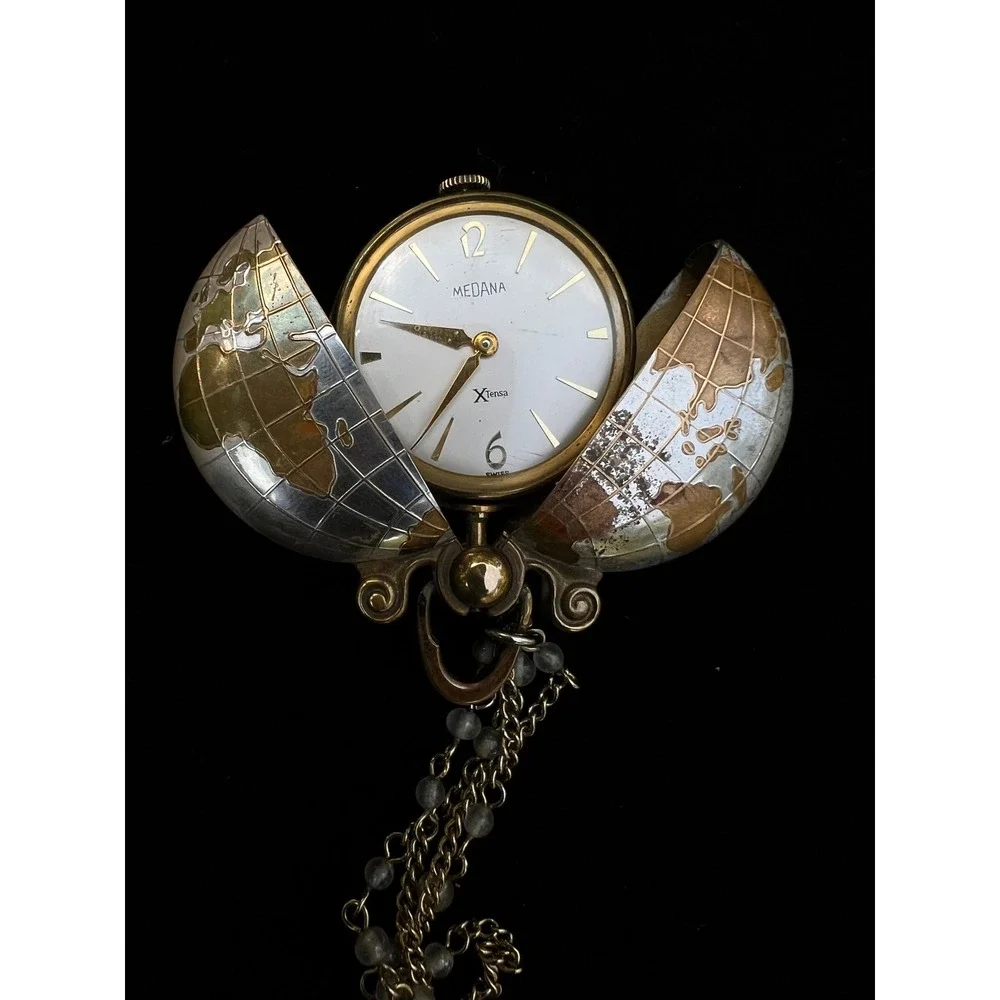Rare Vintage Medana Xtensa Globe Pocket Watch Swiss Mechanical Clamshell